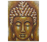 Serenityy Buddha Painting Gold Brocade Detail - Handmade Balinese Canvas On Natural Wood Frame, 80 X 60 X 3 Cm