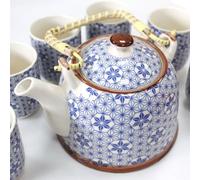 Serenityy Ceramic Herbal Teapot Set With 6 Cups And Metal Strainer - Blue Star.