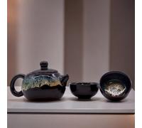 Serenityy Herbal Black Glaze Teapot Set - Ceramic 200Ml Teapot With Two Matching Cups