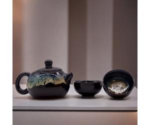 Serenityy Herbal Black Glaze Teapot Set - Ceramic 200Ml Teapot With Two Matching Cups