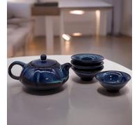 Serenityy Herbal Blues Teapot Set - 5-Piece Dark Blue Ceramic Teapot With Four Matching Teacups, 405 G