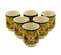 Serenityy Herbal Tea Cups - Long Life Oriental Design - Set Of 6, Yellow Floral Pattern