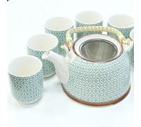 Serenityy Herbal Teapot Set - Green Mosaic 7-Piece Ceramic Set, Includes Infuser.