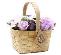 Serenityy Large Lilac Soap Flower Bouquet In Wicker Basket, 10 Roses 2 Hyacinths 1 Sunflower, Decorative Gift