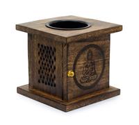 Serenityy Large Mango Wood Box Burner With Carved Buddha - 12 X 12 Cm, Brass Knob, Gloss Finish
