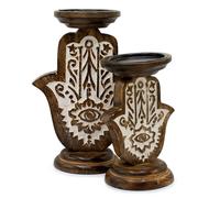 Serenityy Mango Wood Candle Stand - Hamsa Carving - Large in Brown Serenityy Brown Large