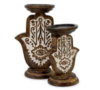 Large Mango Wood Candle Stand - Hamsa Design, 25x18cm - Eco-Friendly, Handcrafted Candle Holder for Protection & Positive Energy - Unique Grain Pattern, Perfect for Home Decor and Spiritual Spaces