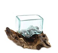 Serenityy Molten Glass Bowl on Wood Stand - Small, Blue | Size: Small Serenityy Blue Small
