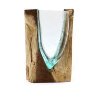 Serenityy Molten Glass V-Shaped Art Vase On Natural Wood Base, Clear And Turquoise, Indoor Décor