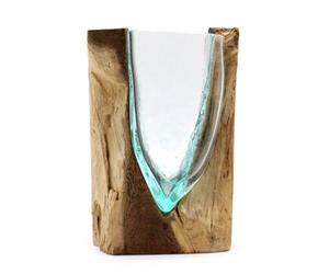 Serenityy Molten Glass V-Shaped Art Vase On Natural Wood Base, Clear And Turquoise, Indoor Décor