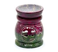 Serenityy Small Coloured Soapstone Oil Burner 8Cm - Hand-Carved Om And Elephant Motif, Deep Red And Green