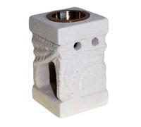 Serenityy Stone Oil Burner Carved Leaf - Hand-Carved Indonesian Sandstone With Glass Insert, Light Beige, 430G