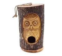 Serenityy Tree Trunk Face Bird House Wise Owl - Hand-Carved Wooden Nest Box With Hanging Rope