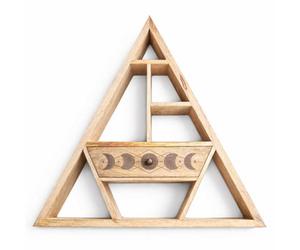 Serenityy Triangle Shaped Mango Wood Wall Shelf With Carved Moon Phase Drawer - Natural Finish