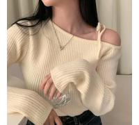 Serenophile Irregular Neck Long Sleeve Pullover for Spring Autumn Fashion | Off-shoulder design, lace-up detail, for pure color, one size, spring autumn wear