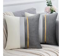 Serento Pack of 2 Grey Velvet Cushion Covers 50 x 50 cm Square Soft and Modern Cushion Cover with Gold Stripes for Sofa Bed Sofa Chair Bedroom Living Room
