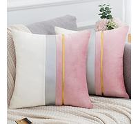 Serento Pink Velvet Cushion Covers 16x16 Soft Luxury Modern Gold Leather Striped Patchwork Throw Pillow Covers for Sofa Living Room Bedroom, 40cmx40cm Pillowcase Pack of 2