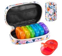 Serfeymi Pill Boxes 7 Day 2 Times a Day AM PM Medicine Organiser Weekly Tablet Organiser Rainbow Pill Box with Portable Zipper Canvas Pill Case for Pills, Supplement, Fish Oils, Vitamin- Bloom 01