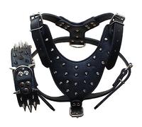 Serijoars Studded Faux Leather Dog Harness Set for Large Breed, Pit Bully, Husky Terrier (Black Spikes, M)