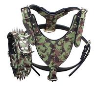 Serijoars Studded Faux Leather Harness Collar Set for Large Breed Pit Bully Husky Terrier Dogs (Skewer Camo, XL)