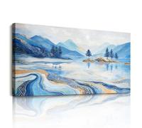 SERIMINO Landscape Wall Art, Large Wall Decor, Lake Wall Art, Blue Gold Abstract Marble Canvas Prints, Mountain River Paintings for Living Room Bedroom Bathroom Office Home Decorations 20"x40"