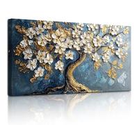 SERIMINO Tree of Life Large Canvas Wall Art, Abstract Gold Tree Modern Office Decorations, Nature White Floral Artwork for Walls, Navy Blue Pictures Wall Decor Living Room Bedroom Art Prints 20"X40"
