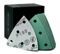 Serious Grit - 3.5" (93mm) 6-Hole 180 Grit Triangle Sanding Sheets - Fits Festool Rotex RO 90 Delta - Heavy-Duty Hook & Loop Film Disc Abrasives - Sandpaper for Detail Sanders - 50 Pack Box