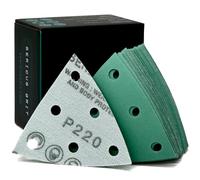 Serious Grit - 3.5" (93mm) 6-Hole 220 Grit Triangle Sanding Sheets - Fits Festool Rotex RO 90 Delta - Heavy-Duty Hook & Loop Film Disc Abrasives - Sandpaper for Detail Sanders - 50 Pack Box