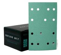 Serious Grit - 80x133mm 14-Hole P120 Grit Sanding Sheets - 50 Pack Box | Fits Festool RTS 400 & Mirka DEOS 353 - Heavy-Duty Hook & Loop Wet/Dry Film Sanding Sheets for Doors, Cabinetry, Paint, etc