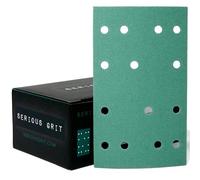Serious Grit - 80x133mm 14-Hole P150 Grit Sanding Sheets - 50 Pack Box | Fits Festool RTS 400 & Mirka DEOS 353 - Heavy-Duty Hook & Loop Wet/Dry Film Sanding Sheets for Doors, Cabinetry, Paint, etc