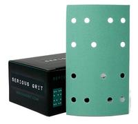 Serious Grit - 80x133mm 14-Hole P220 Grit Sanding Sheets - 50 Pack Box | Fits Festool RTS 400 & Mirka DEOS 353 - Heavy-Duty Hook & Loop Wet/Dry Film Sanding Sheets for Doors, Cabinetry, Paint, etc