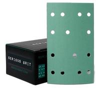 Serious Grit - 80x133mm 14-Hole P320 Grit Sanding Sheets - 50 Pack Box | Fits Festool RTS 400 & Mirka DEOS 353 - Heavy-Duty Hook & Loop Wet/Dry Film Sanding Sheets for Doors, Cabinetry, Paint, etc