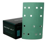 Serious Grit - 80x133mm 14-Hole P400 Grit Sanding Sheets - 50 Pack Box | Fits Festool RTS 400 & Mirka DEOS 353 - Heavy-Duty Hook & Loop Wet/Dry Film Sanding Sheets for Doors, Cabinetry, Paint, etc
