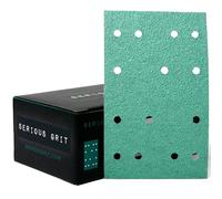 Serious Grit - 80x133mm 14-Hole P60 Grit Sanding Sheets - 25 Pack Box | Fits Festool RTS 400 & Mirka DEOS 353 - Heavy-Duty Hook & Loop Wet/Dry Film Sanding Sheets for Doors, Cabinetry, Paint, etc