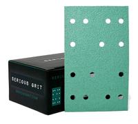 Serious Grit - 80x133mm 14-Hole P80 Grit Sanding Sheets - 50 Pack Box | Fits Festool RTS 400 & Mirka DEOS 353 - Heavy-Duty Hook & Loop Wet/Dry Film Sanding Sheets for Doors, Cabinetry, Paint, etc