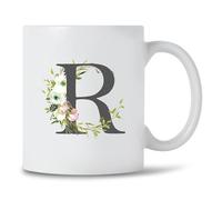 Seriously Frank Personalised Floral Initial Coffee Mug, Grey Text, A-Z Letters of The Alphabet Decorated with Flowers (Initial R)