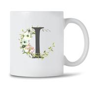 Seriously Frank Personalised Floral Initial Coffee Mug, Grey Text, A-Z Letters of The Alphabet Decorated with Flowers (Initial I)