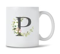Seriously Frank Personalised Floral Initial Coffee Mug, Grey Text, A-Z Letters of The Alphabet Decorated with Flowers (Initial P)
