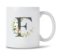 Seriously Frank Personalised Floral Initial Coffee Mug, Grey Text, A-Z Letters of The Alphabet Decorated with Flowers (Initial F)
