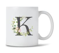 Seriously Frank Personalised Floral Initial Coffee Mug, Grey Text, A-Z Letters of The Alphabet Decorated with Flowers (Initial K)
