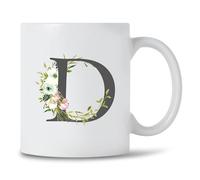 Seriously Frank Personalised Floral Initial Coffee Mug, Grey Text, A-Z Letters of The Alphabet Decorated with Flowers (Initial D)