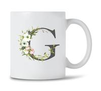 Seriously Frank Personalised Floral Initial Coffee Mug, Grey Text, A-Z Letters of The Alphabet Decorated with Flowers (Initial G)
