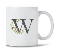 Seriously Frank Personalised Floral Initial Coffee Mug, Grey Text, A-Z Letters of The Alphabet Decorated with Flowers (Initial W)