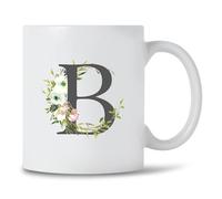 Seriously Frank Personalised Floral Initial Coffee Mug, Grey Text, A-Z Letters of The Alphabet Decorated with Flowers (Initial B)