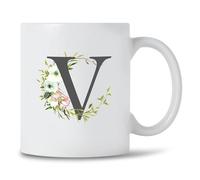 Seriously Frank Personalised Floral Initial Coffee Mug, Grey Text, A-Z Letters of The Alphabet Decorated with Flowers (Initial V)
