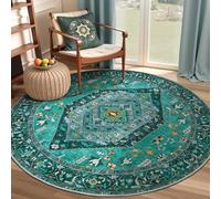 SERISSA Boho Round Area Rug, 4ft Washable Non-Slip Circle Rug, Ultra Soft Oriental Vintage Teal Low-Pile Small Circular Carpet for Bedroom Entryway Kids Room Office College Dorm Living Room