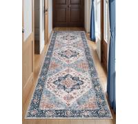 SERISSA Boho Washable Runner Rug, 2'6"x8' Non-Slip Vintage Blue Orange Hallway Kitchen Runner Rug Ultra Soft Print Distressed Tribal Floor Carpet for Bedroom Bathroom Laundry Room