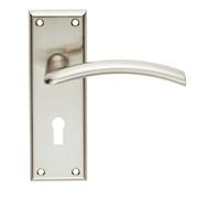 Serozzetta Trenta Door Handle, Satin Nickel Finish, Curved Lever on Rectangular Backplate, Modern Design with Chamfered Edge, 10-Year Mechanical Guarantee, Model # SZR031SN