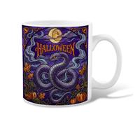 Serpent Ceramic Coffee Mug, Gothic Fanciful Pumpkins Moon Halloween Violet Novelty Office Drinking Cup with Handle Ideal for Friends Family Coworkers Teachers Couples Employees 11 Oz