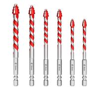 Serrated Eccentric Drill Bit Set, 4-Flute Alloy Steel for Tile Glass Granite Wood, 1/4 Inch Hex Shank 5 or 6 Pieces